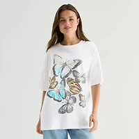 New World Butterfly Tee Womens Juniors Crew Neck Short Sleeve Oversized Graphic T-Shirt
