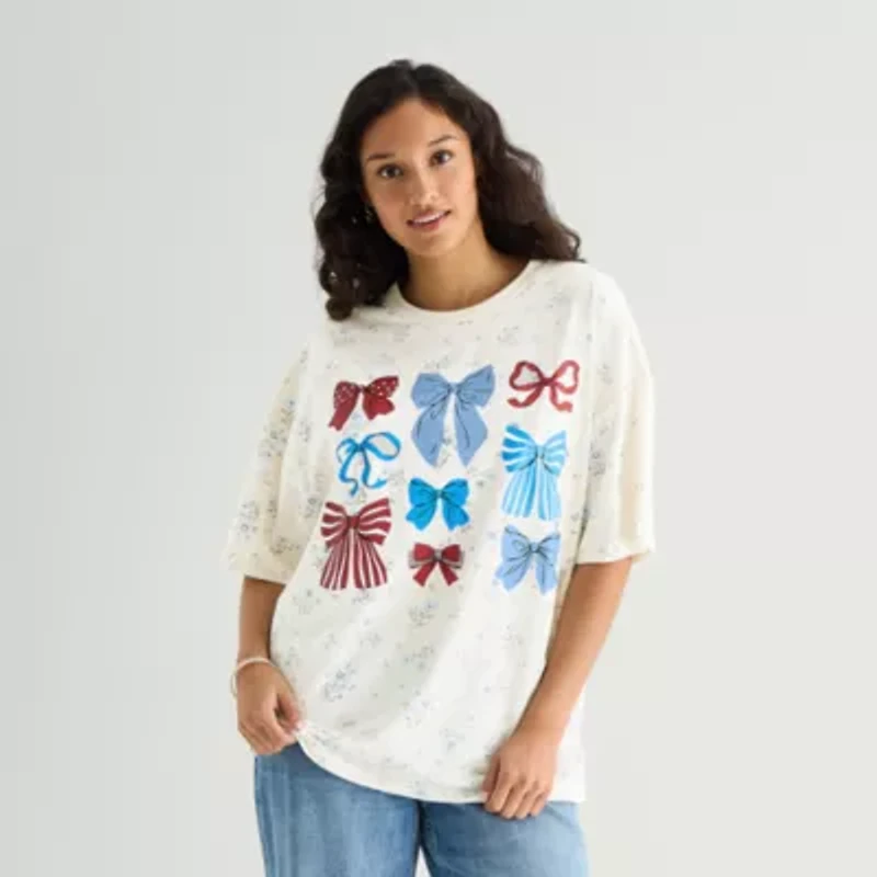 Americana Bows Oversized Tee Womens Juniors Crew Neck Short Sleeve Graphic T-Shirt