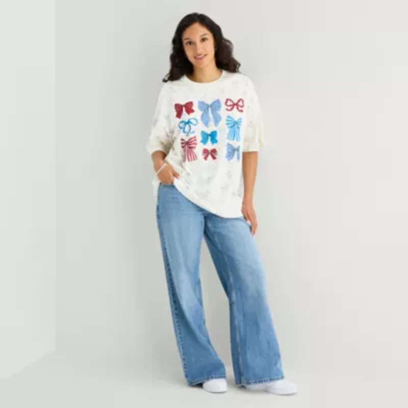 Americana Bows Oversized Tee Womens Juniors Crew Neck Short Sleeve Graphic T-Shirt