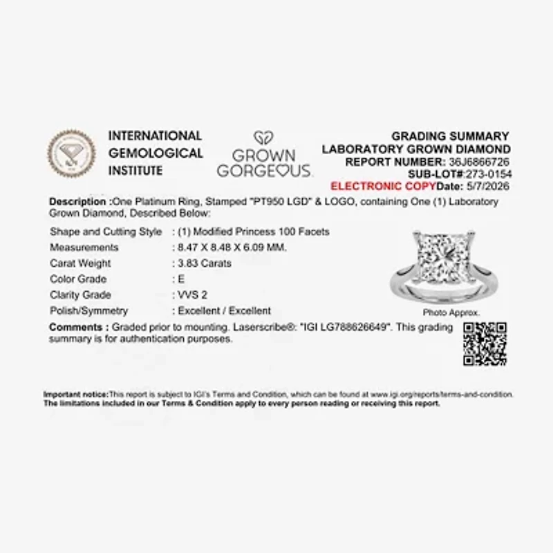 Grown Gorgeous (F / Vs2) Womens /4 CT. T.W. Lab White Diamond Platinum Solitaire Engagement Ring