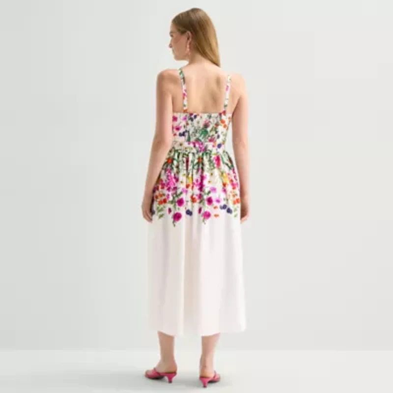 Robbie Bee Womens Midi Round Neck Sleeveless Floral Fit + Flare Dress