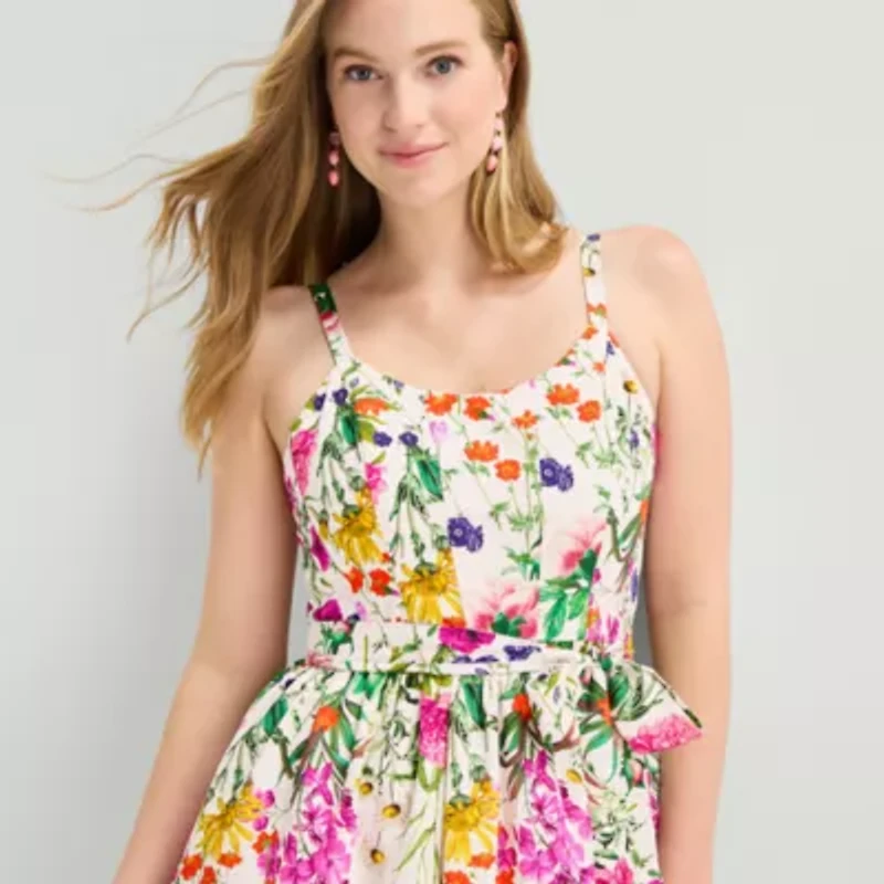 Robbie Bee Womens Midi Round Neck Sleeveless Floral Fit + Flare Dress