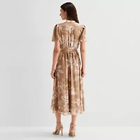 Sandra Darren Womens Midi Split Crew Neck Short Sleeve Puffed Floral Fit + Flare Dress
