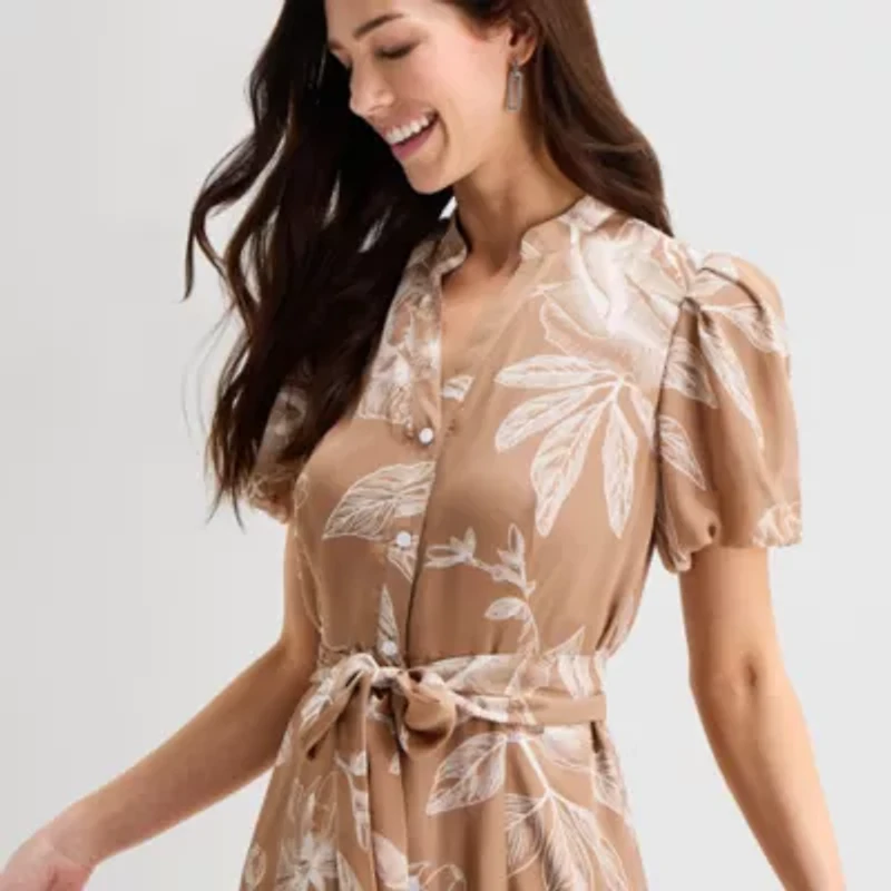 Sandra Darren Womens Midi Split Crew Neck Short Sleeve Puffed Floral Fit + Flare Dress