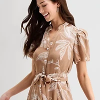 Sandra Darren Womens Midi Split Crew Neck Short Sleeve Puffed Floral Fit + Flare Dress