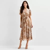 Sandra Darren Womens Midi Split Crew Neck Short Sleeve Puffed Floral Fit + Flare Dress