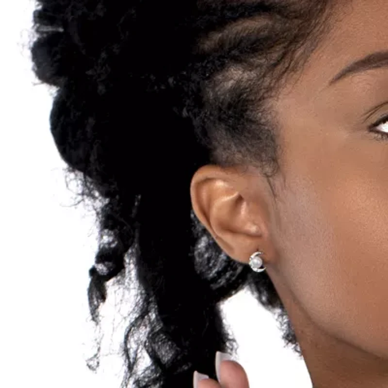 Silver Treasures White Simulated Pearl Sterling Silver 10mm Moon Stud Earrings