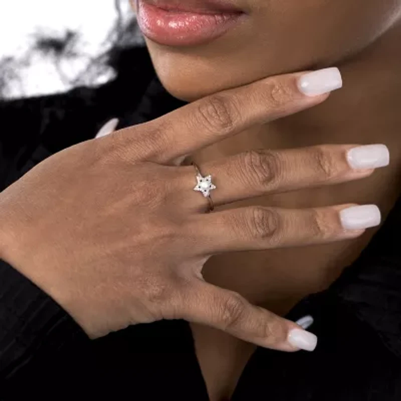 Silver Treasures Womens White Simulated Pearl Cubic Zirconia Sterling Star Delicate Band