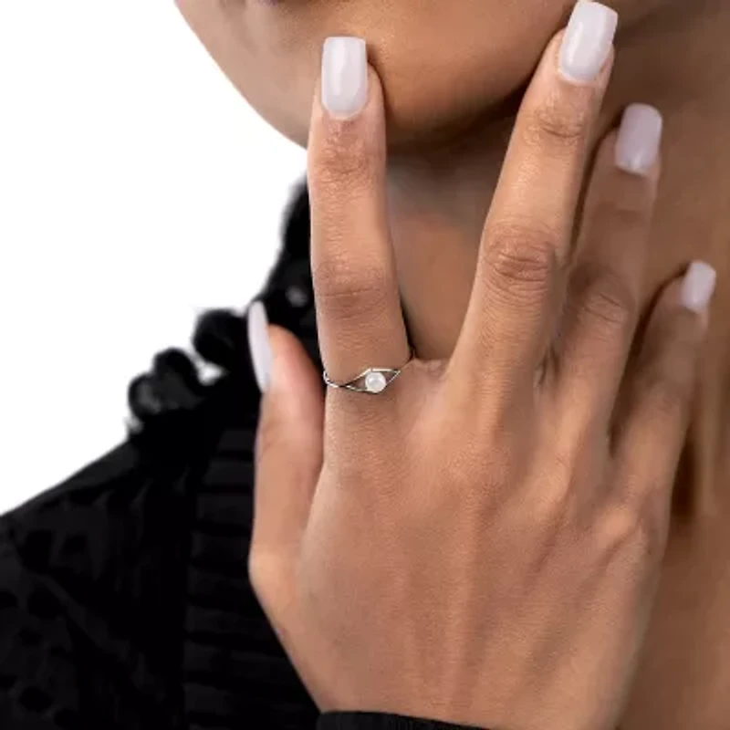 Silver Treasures Womens 2MM White Simulated Pearl Sterling Diamond Band