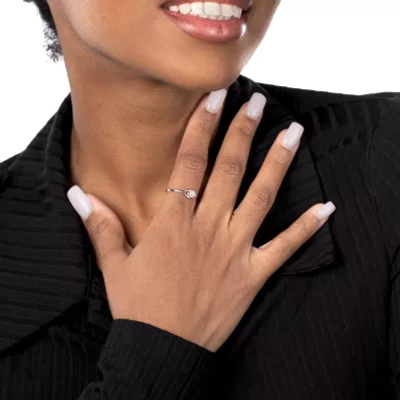 Silver Treasures Womens 2MM White Simulated Pearl Sterling Diamond Band