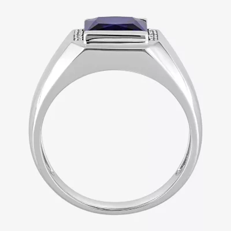 Mens Diamond Accent Lab Created Blue Sapphire 10K Gold Fashion Ring