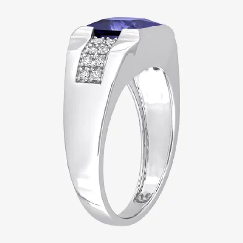 Mens Lab Created Blue Sapphire 10K White Gold Fashion Ring