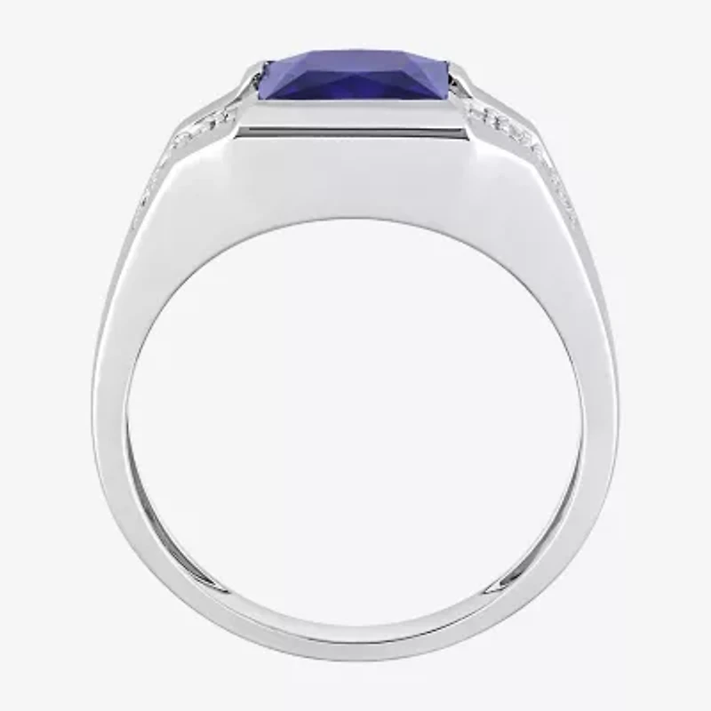 Mens Lab Created Blue Sapphire 10K White Gold Fashion Ring