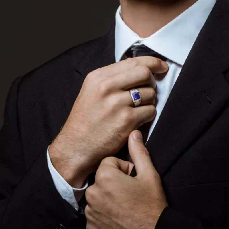 Mens Lab Created Blue Sapphire 10K White Gold Fashion Ring