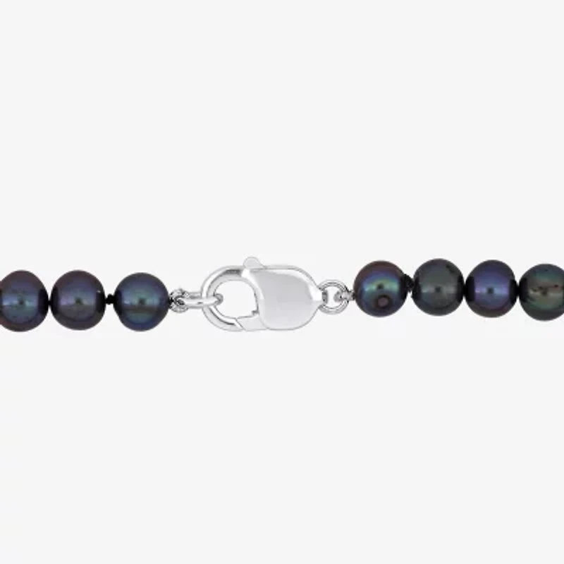 Mens Dyed Black Cultured Freshwater Pearl Sterling Silver Strand Bracelet