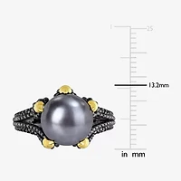 Mens 10-11MM Dyed Black Cultured Freshwater Pearl 18K Gold Over Silver Solitaire Fashion Ring