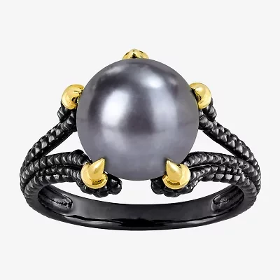 Mens 10-11MM Dyed Black Cultured Freshwater Pearl 18K Gold Over Silver Solitaire Fashion Ring