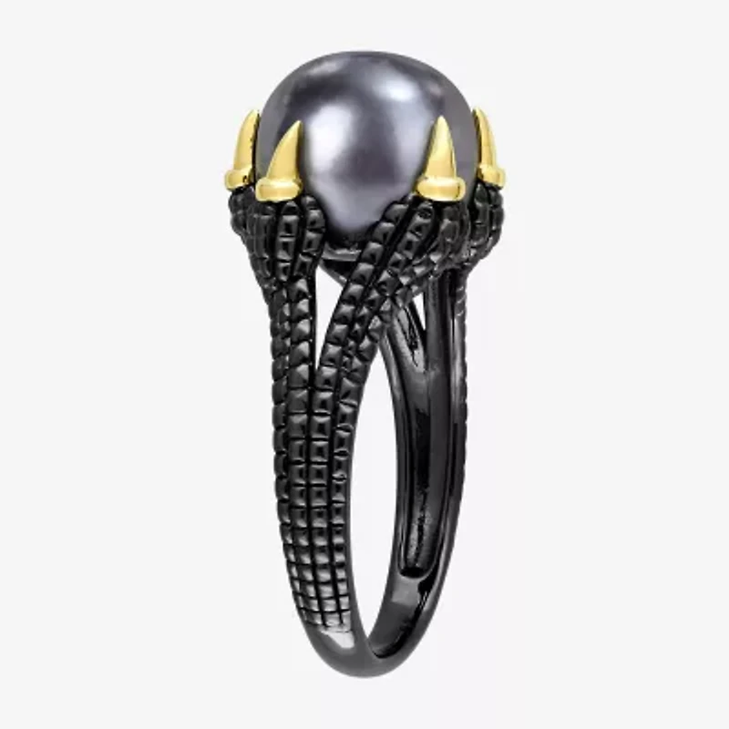 Mens 10-11MM Dyed Black Cultured Freshwater Pearl 18K Gold Over Silver Solitaire Fashion Ring