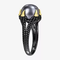 Mens 10-11MM Dyed Black Cultured Freshwater Pearl 18K Gold Over Silver Solitaire Fashion Ring