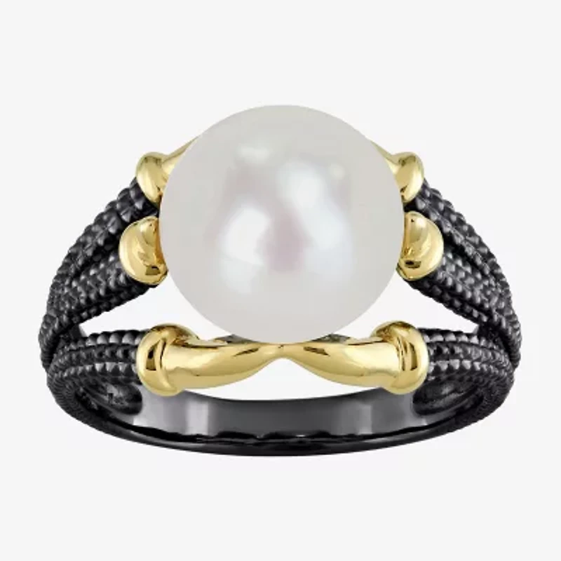 Mens 10-11MM Dyed White Cultured Freshwater Pearl 18K Gold Over Silver Solitaire Fashion Ring