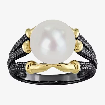 Mens 10-11MM Dyed White Cultured Freshwater Pearl 18K Gold Over Silver Solitaire Fashion Ring