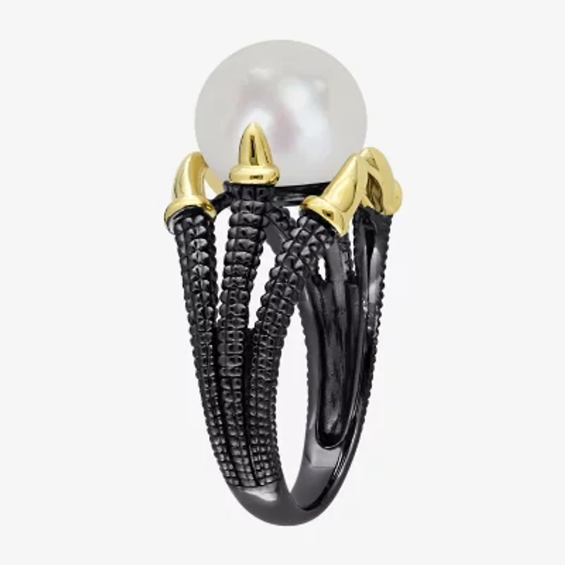 Mens 10-11MM Dyed White Cultured Freshwater Pearl 18K Gold Over Silver Solitaire Fashion Ring