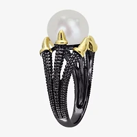 Mens 10-11MM Dyed White Cultured Freshwater Pearl 18K Gold Over Silver Solitaire Fashion Ring