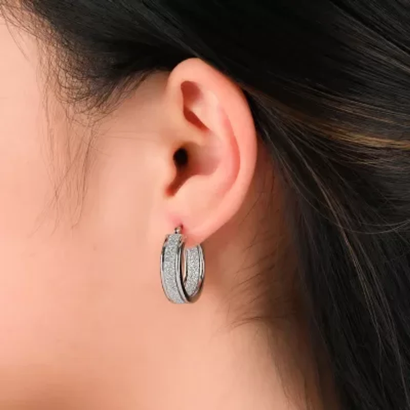Sterling Silver Rhodium Glitter Hoop Earrings Set