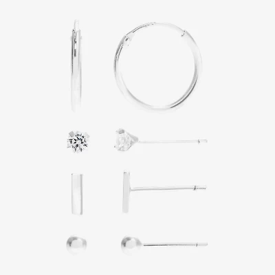 Silver Treasures Womens Cubic Zirconia Sterling Silver Hypoallergenic 4 Pair Earring Set