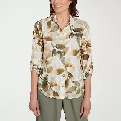 Alfred Dunner Copper Canyon Womens 3/4 Sleeve Roll Tab Button-Down Shirt