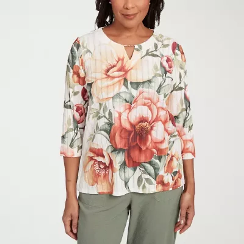 Alfred Dunner Copper Canyon Womens Split Crew Neck 3/4 Sleeve T-Shirt