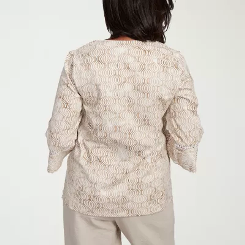 Alfred Dunner Copper Canyon Womens Split Crew Neck 3/4 Sleeve Embroidered Blouse