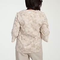 Alfred Dunner Copper Canyon Womens Split Crew Neck 3/4 Sleeve Embroidered Blouse
