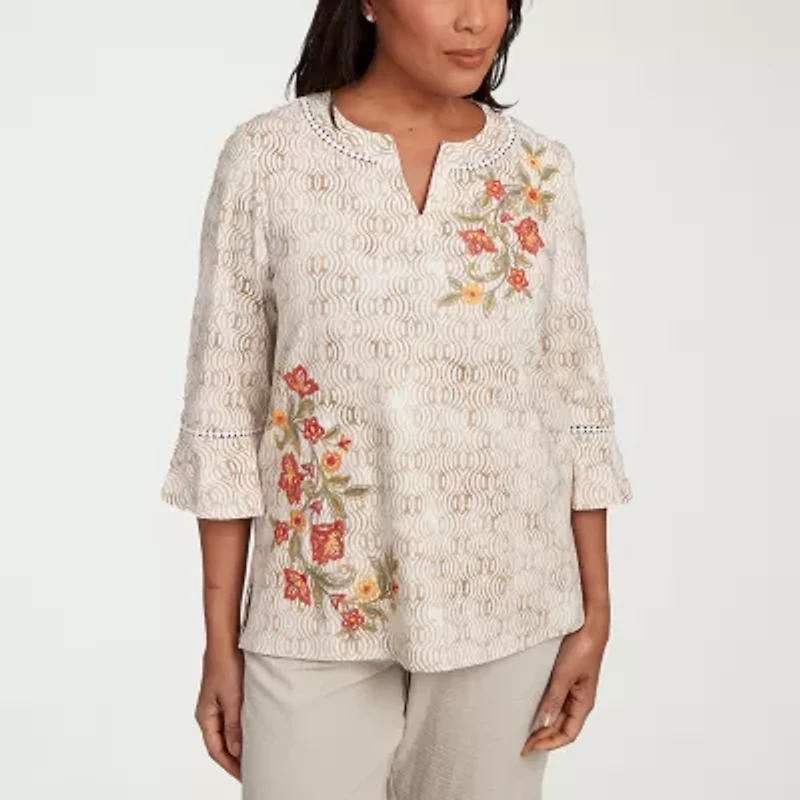 Alfred Dunner Copper Canyon Womens Split Crew Neck 3/4 Sleeve Embroidered Blouse
