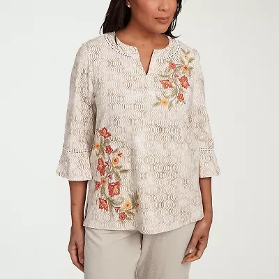 Alfred Dunner Copper Canyon Womens Split Crew Neck 3/4 Sleeve Embroidered Blouse