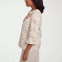Alfred Dunner Copper Canyon Womens Split Crew Neck 3/4 Sleeve Embroidered Blouse
