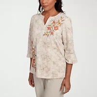 Alfred Dunner Copper Canyon Womens Split Crew Neck 3/4 Sleeve Embroidered Blouse