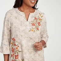 Alfred Dunner Copper Canyon Womens Split Crew Neck 3/4 Sleeve Embroidered Blouse