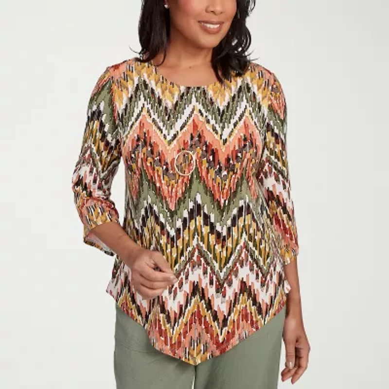 Alfred Dunner Copper Canyon Womens Crew Neck 3/4 Sleeve T-Shirt