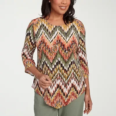 Alfred Dunner Copper Canyon Womens Crew Neck 3/4 Sleeve T-Shirt