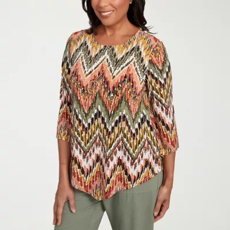 Alfred Dunner Copper Canyon Womens Crew Neck 3/4 Sleeve T-Shirt