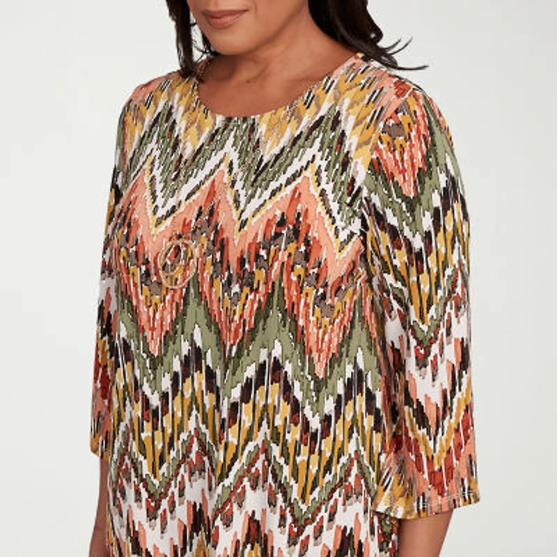 Alfred Dunner Copper Canyon Womens Crew Neck 3/4 Sleeve T-Shirt