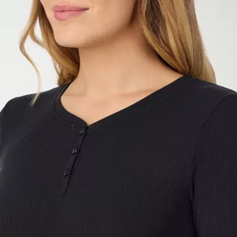 Cuddl Duds Womens Stretch Rib Henley Crew Neck Long Sleeve Thermal Shirt