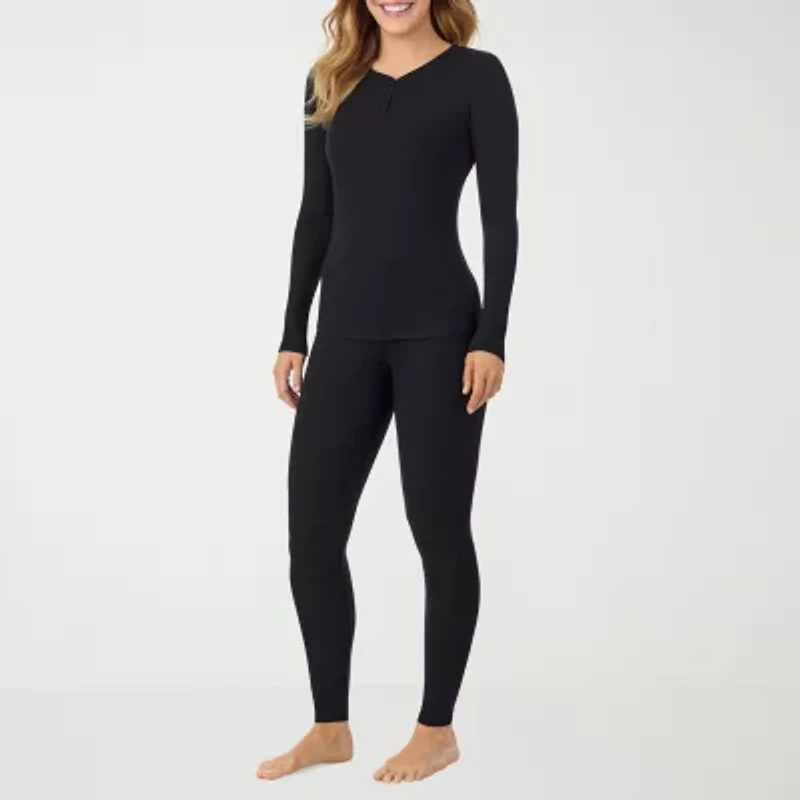 Cuddl Duds Womens Stretch Rib Henley Crew Neck Long Sleeve Thermal Shirt