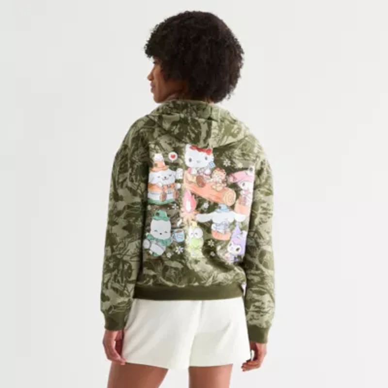 Hello Kitty And Friends Full Zip Tree Camo Hoodie Womens Long Sleeve Embroidered Fleece Zipper Juniors