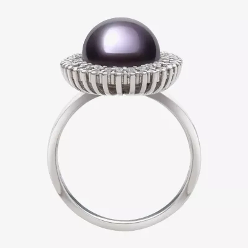 Womens 10-11MM Black Cultured Freshwater Pearl Sterling Silver Round Halo Cocktail Ring