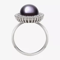 Womens 10-11MM Black Cultured Freshwater Pearl Sterling Silver Round Halo Cocktail Ring