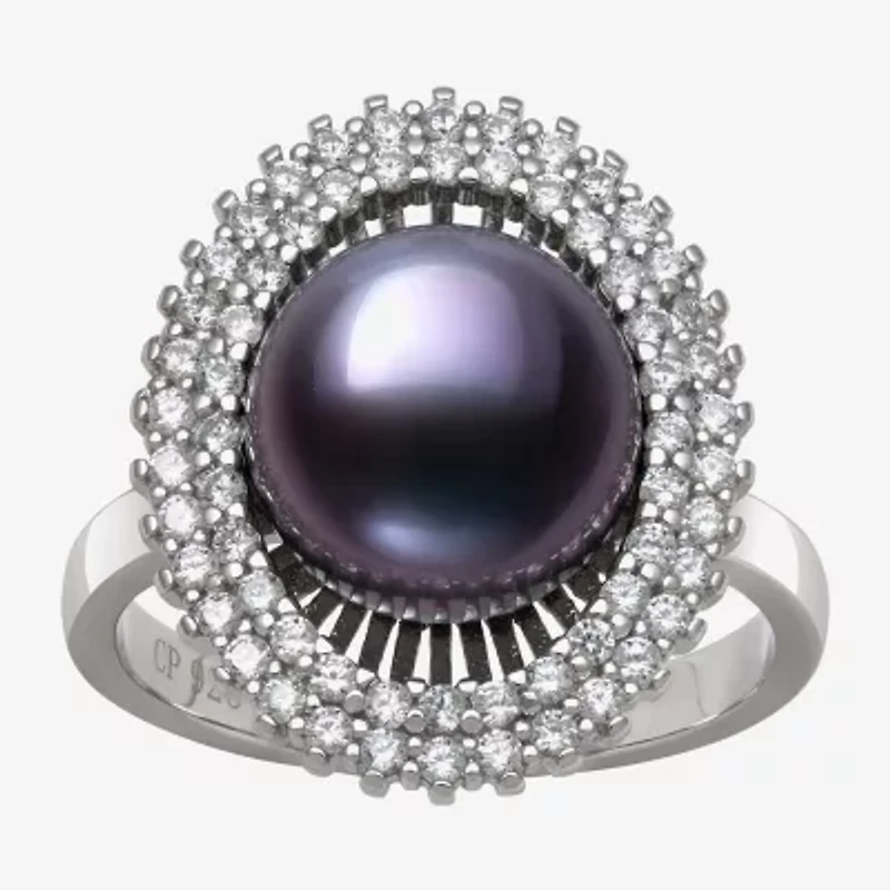 Womens 10-11MM Black Cultured Freshwater Pearl Sterling Silver Round Halo Cocktail Ring