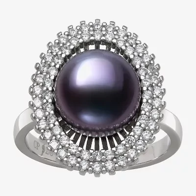 Womens 10-11MM Black Cultured Freshwater Pearl Sterling Silver Round Halo Cocktail Ring