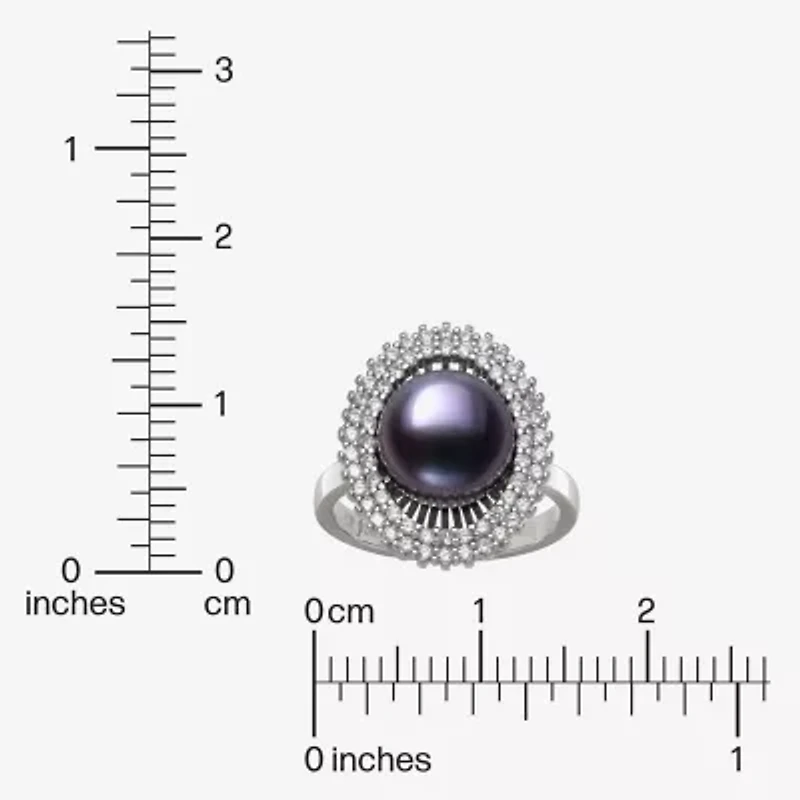 Womens 10-11MM Black Cultured Freshwater Pearl Sterling Silver Round Halo Cocktail Ring